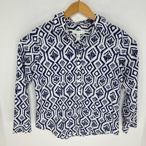 Chicos Ikat‎ Damask Shirt Size Small No Iron Blue White Blouse Office Career
